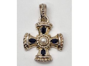 Vintage Judith Ripka Sterling Oval Sapphire & Cultured Pearl Maltese Cross Enhancer Pendant