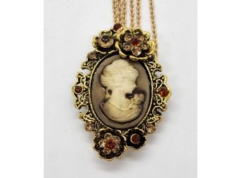 Cameo, Champagne & Brown Austrian Crystal Brooch Or Pendant Necklace