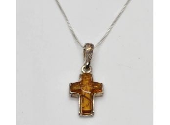 Pretty Baltic Amber Cross Pendant Necklace In Sterling