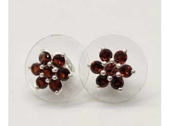 Red Garnet Floral Earrings In Sterling