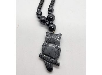 Magnetic, Hematite Beaded Owl Necklace In Stainless