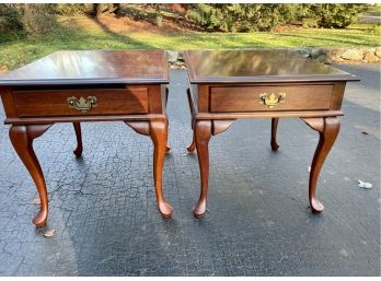 Pair Of Traditional Wood End Tables With Brass Pulls