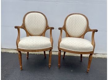 Pair Of Carved Wood Upholstered Arm Chairs