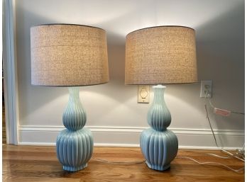 Pair Of Aqua Hourglass Form Ceramic Lamps