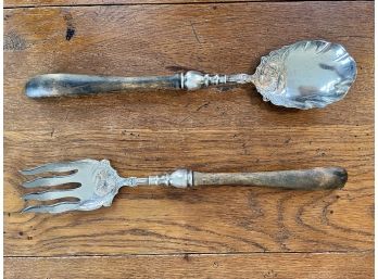 Early 20th Century Wood Handled Sterling Silver Spoon & Fork Serving Pieces  - Marked R.S. Co.