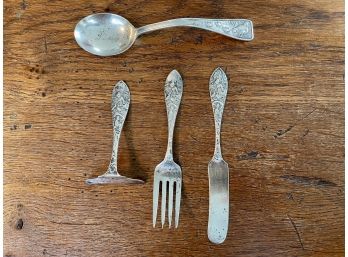 Four Sterling Silver Child Silverware Pieces Including The Mary Thomas Bouillon Spoon