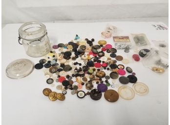 Assortment Of Antique & Vintage Buttons In  Small Mason Jar - Crafts, Sewing, Projects And More