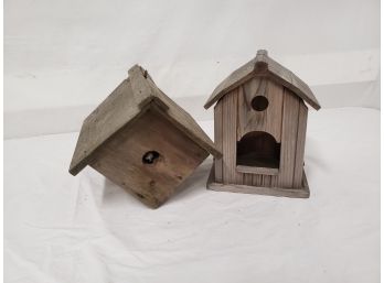 Two Weathered Birdhouse And Feeder