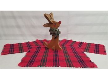 Handmade Wooden Rudolph Reindeer & Five Christmas Plaid Placemats