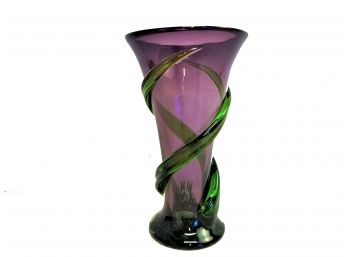 Amethyst Purple Glass Vase With Applied Green Wrapped Vines