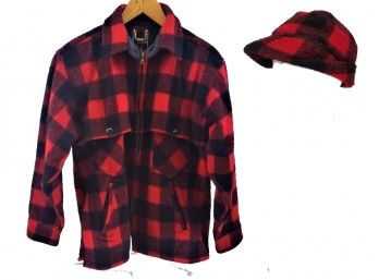 Vintage Johnson Wool Buffalo Red And Black Plaid Jacket With Hat , Large