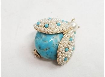 Vintage Turquoise And Pearl Beetle Brooch Costume Jewelry