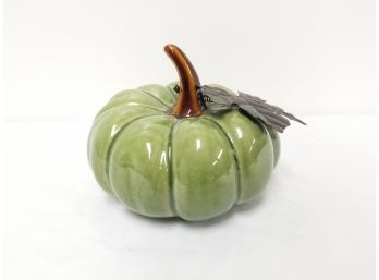 Green Ceramic Pumpkin 7' With Metal Leaf