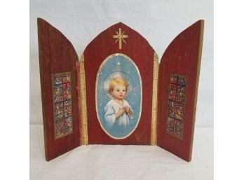 Vintage Handmade Wooden Table Triptych With Child Angel