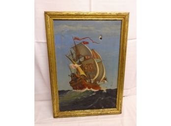 Antique Signed Oil On Canvas Ship Painting