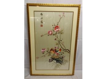 Vintage Signed Asian Silk Embroidery Flowers & Birds