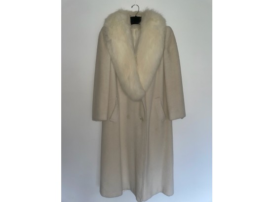 Denise For Windermere White Fur Coat With Faux Fur Collar Lapel - Made In USA