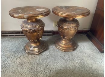 Pair Of Plaster End Tables With Ornate Detailing And Design