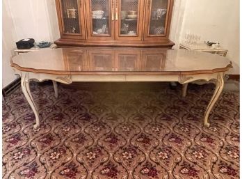 White Furn Co French Provincial Style Dining Table With Two Leaves And Custom Made Glass Top
