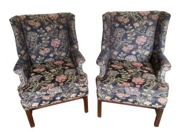 Dark Floral Upholstered Wingback Chairs - Pair Of 2