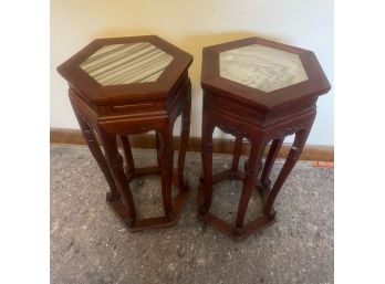 Chinoiserie Hexagon Top Dark Wood And Marble Top Side Tables - Pair Of 2