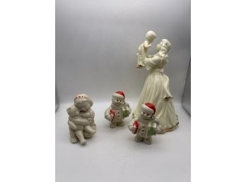 Decorative Figurines - Mother And Child By Baum Bros - Snowmen And Child With Teddy Bear By Lenox - 4 Pieces