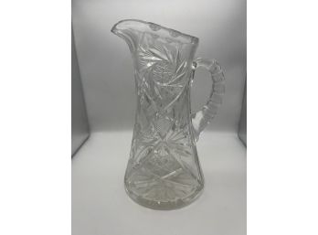 Vintage Cut Glass Pitcher With Beautiful Snowflake Design - 10'H