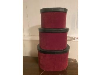 Set Of 3 Red Felted Storage Boxes With Vegan Leather Tops