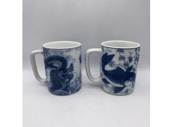 Pair Of Chinese Porcelain Mugs With Koi Fish And Dragons - 2 Pieces