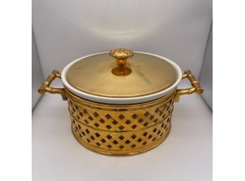 Vintage Hall Crock With Gold Toned Basket - Made In USA