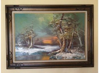 HUGE Winter Scene Signed Oil On Canvas