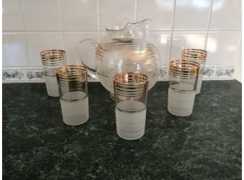 Gold Trimmed Mid Century Pitcher And Glasses
