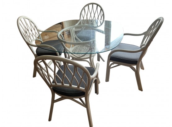 Round Rattan Glass Top Table With 4 White Rattan Arm Chairs