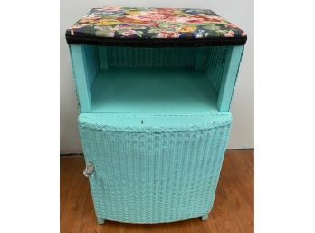 Vintage 1970s Painted Wicker Storage Cabinet Bedside Table With Upholstered Top