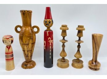 Vintage Hand Carved Wood Spindle Doll, Japanese Kokeshi Doll,Candlesticks & Vases