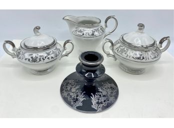 Vintage Lotus Candlestick With Sterling Silver Details & Super Deluxe Creamer & 2 Sugar Bowls, Germany