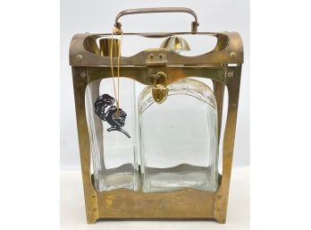 Vintage Glass Bottle Decanter Set In Brass Case With Lock With Music Box & Gold Accents