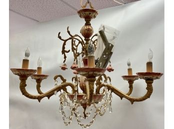 Vintage Hand Painted Porcelain Chandelier With Gold Accents & Crystal Drops