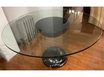 Vintage Large Italian Glass Dining Table With Marble Base, Matches Chairs In Following Lot