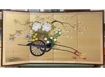 Large Vintage Hand Painted Chinese Silk Folding Screen
