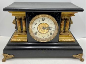 Vintage William L. Gilbert Clock Company Mantle Clock With Lions & Gold Accents, Signed