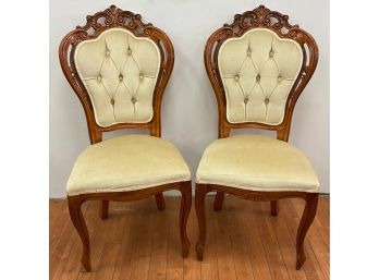 Set 2 Ornate Carved Wood Accent Chairs With Upholstered Seats