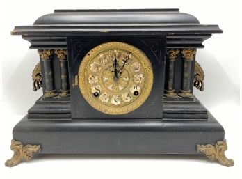Antique Hand Painted Wood Mantle Clock With Gold Accents