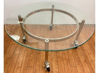 Large Vintage Round Glass Coffee Table With Chromed Base On Wheels