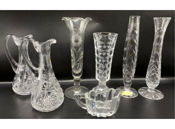 Vintage Cut Crystal Bud Vases, Cruets & Creamer, 1 From Western Germany (7 Pieces)