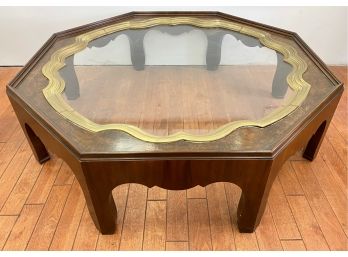 Mid Century Baker Furniture Octagonal Glass & Burl Wood Cocktail Coffee Table
