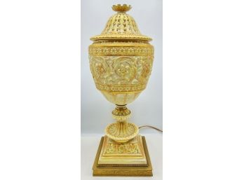 Antique Ornate Porcelain Lamp With Gold Accents & Removable Top