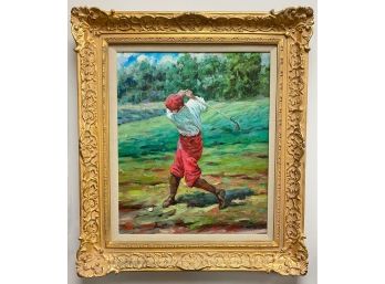 Original Stafford Oil Painting Of Golfer In Gilded Frame, Signed