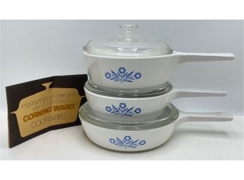Set 3 Vintage 1974 Corning Ware Cornflower Blue Pans With Pyrex Covers, Appear Unused With Original Paperwork