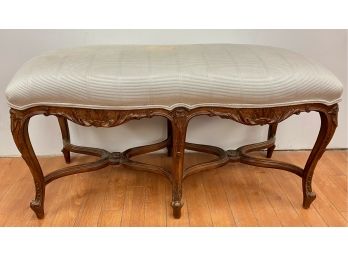 Vintage Ornate Carved Wood Bench With Upholstered Seat